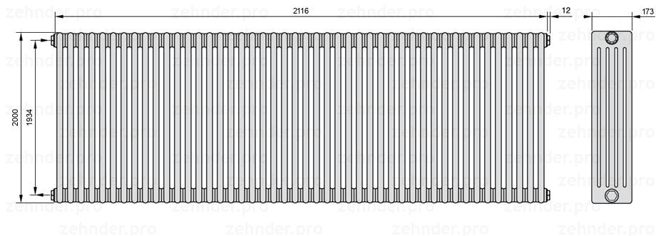Схема (чертеж) Радиатор Zehnder Charleston 5200/46 №1270 Белый глянцевый RAL 9016